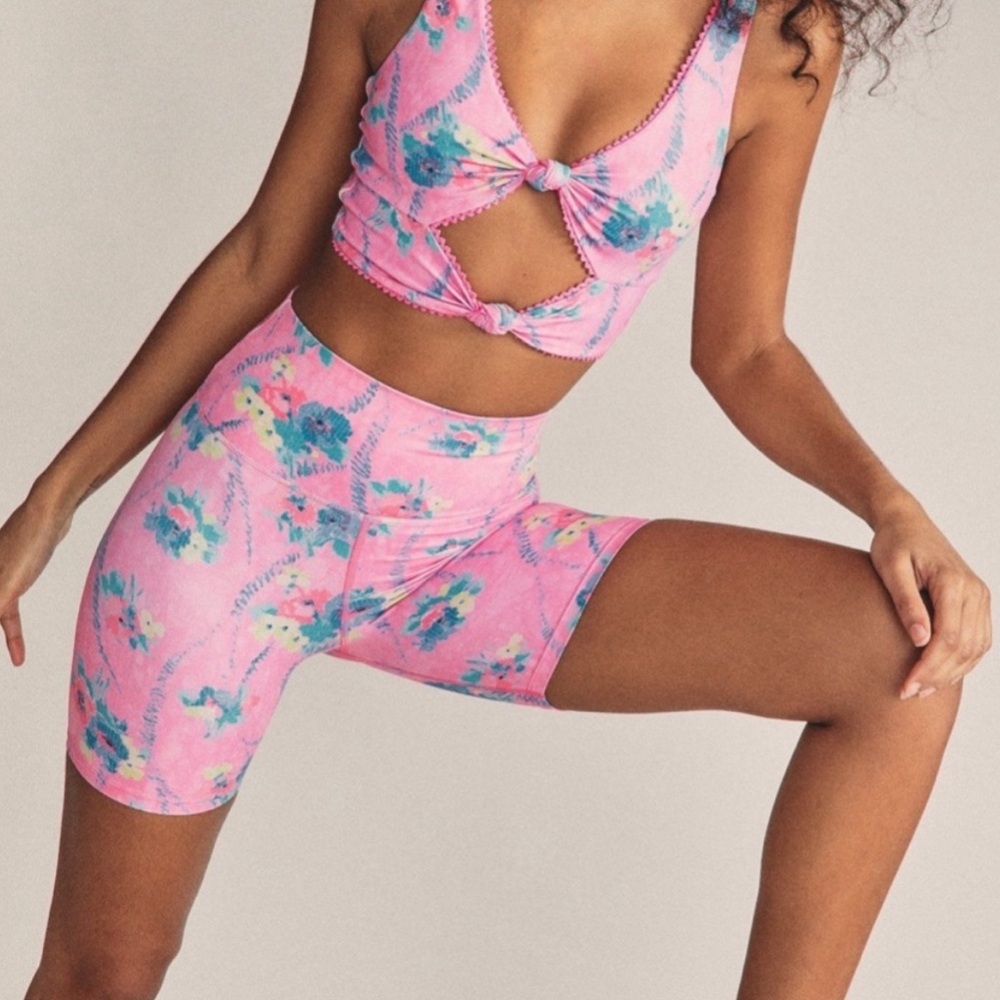 LoveShackFancy Pink Floral Athletic Bike Shorts